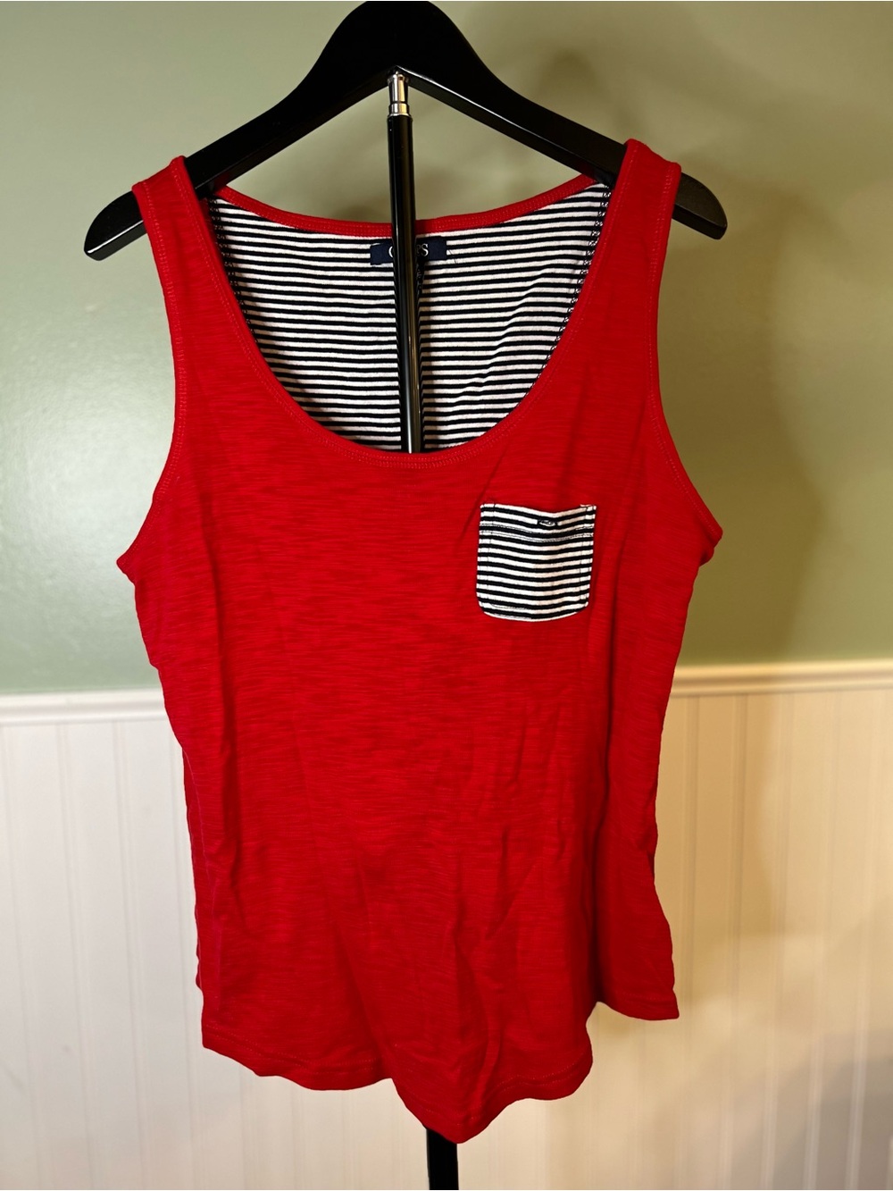 Chaps Red Tank Top with Navy & White Striped Pocket. Size L